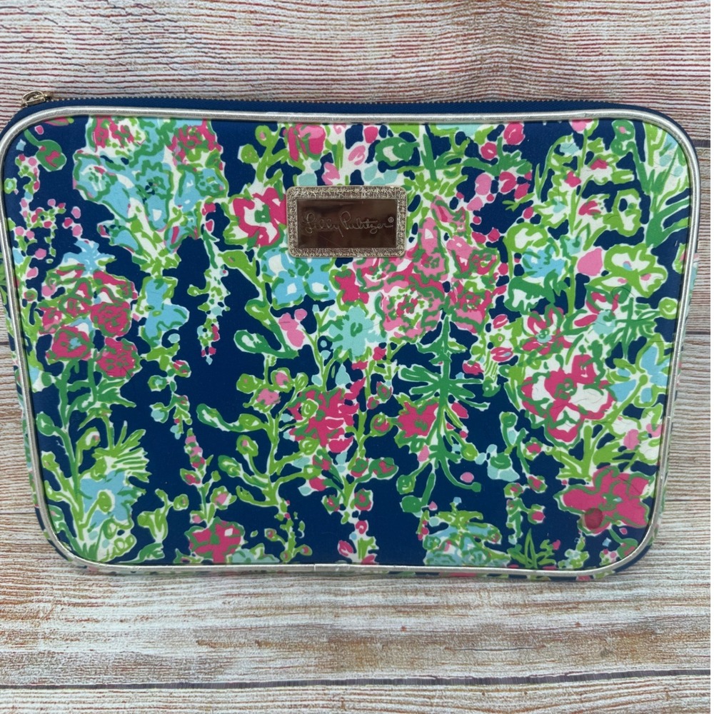 Lilly Pulitzer Floral Laptop Sleeve Navy Pink Green Padded Tech Case Zip Around